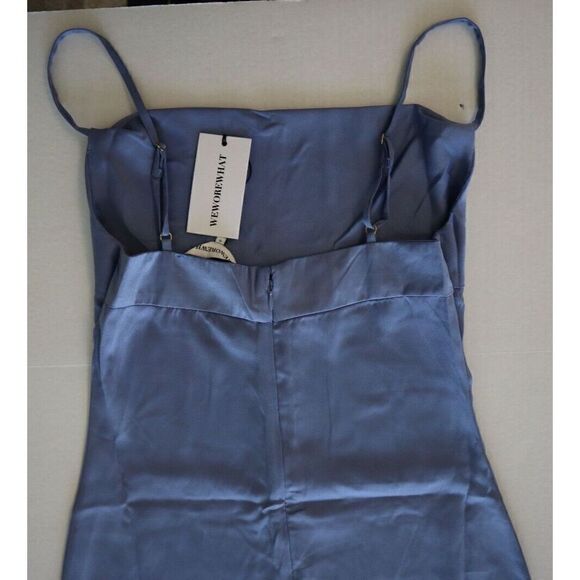 WeWoreWhat WWD18-1 Women's Sz 0 Slate Blue Cowl Midi Satin Charmeuse Dress - Picture 10 of 14